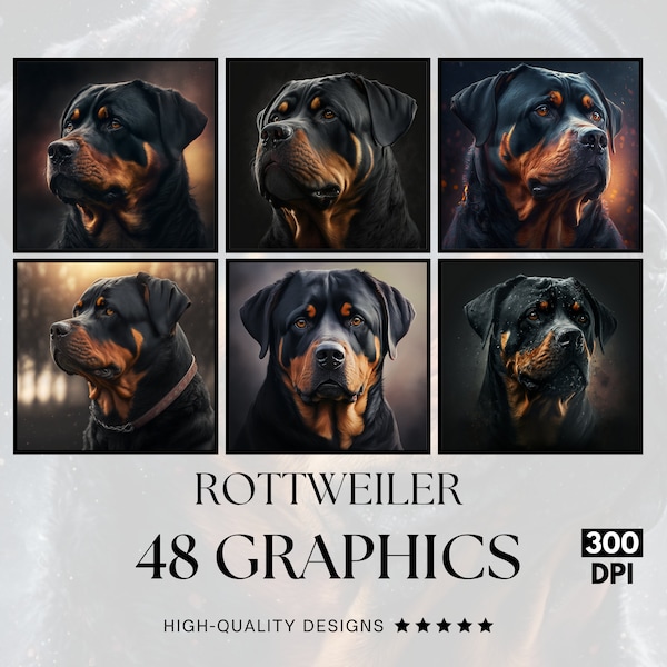 48 Rottweiler realistic, PNG Clipart Bundle, Sublimation Print, Graphics Bundle, Commercial Use, Watercolour Art