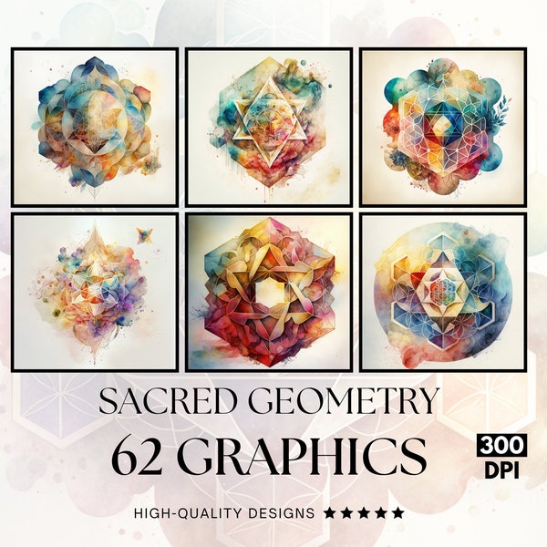 62 Abstract Watercolor Sacred Geometry Vol 2, PNG Clipart Bundle, Sublimation Print, Graphics Bundle, Commercial Use, Watercolour Art