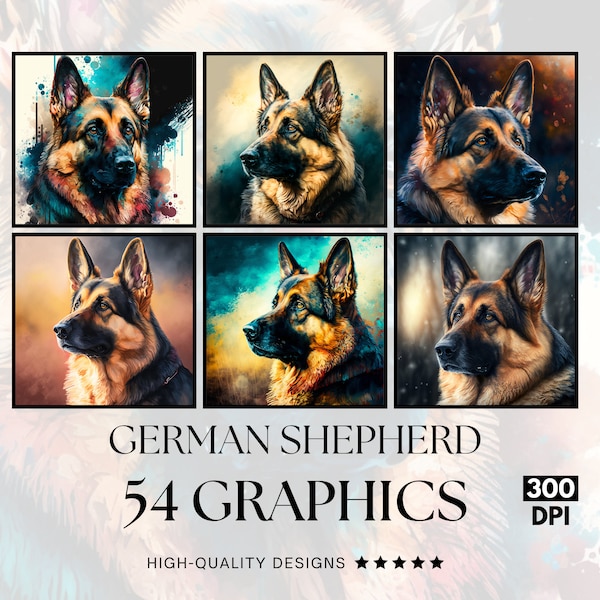 German Shepherd Dog art Designs PNG Clipart Bundle, Sublimation Print, Graphics Bundle, Commercial Use, Watercolour Art