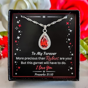 To My Bride On Wedding Day| Red Garnet Gemstone, CZ Encircled Pendant Necklace, Sterling Silver Chain| Worth More Than Rubies| Red Wedding