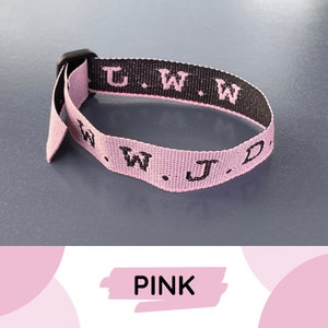Pulsera WWJD (¿Qué haría Jesús?) en color rosa pétalo + poema inspirador original, pasteles primaverales, regalo cristiano de bautismo o amistad.