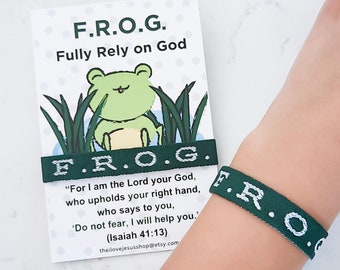 Fully Rely On God - FROG |Ever Green or Black Woven, Adjustable Strap Bracelet |Christian Religious |Neutral Color Jewelry| Youth Camp Gift