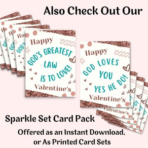 Op de afbeelding: Een set printbare Valentijnsdagkaarten met een roze glitterachtergrond en turquoise tekst. De kaarten bevatten de tekst "Happy God's Greatest Law is to Love! Valentine's" en "Happy God Loves You Yes He Do! Valentine's".