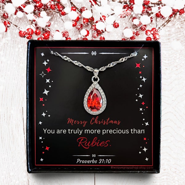Meaningful Christmas Necklace for Her|Red Garnet Gemstone, CZ Encircled Pendant, Sterling Silver Chain|Worth More Than Rubies Proverbs Woman