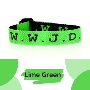 May include: Lime green wristband with black text that reads "W.W.J.D."
