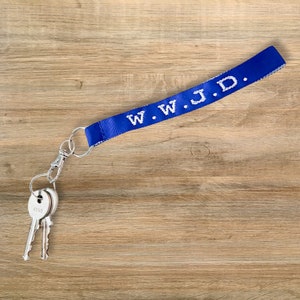Back To School Gift-WWJD Bracelet Keychain| Navy Blue Woven Key Wristlet| Retro 90&#39;s What Would Jesus Do| Christian Lanyard| Teen Driver