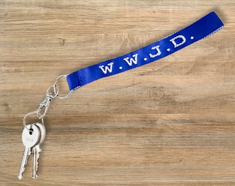 Great New Driver Gift - WWJD Bracelet Keychain| Navy Blue Woven Key Fob| Retro 90's What Would Jesus Do| Christian Lanyard| Wristlet Strap