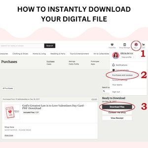 Op de afbeelding: Schermafbeelding van een computerscherm met een website met een aankoopbevestiging voor een digitale download van een Valentijnskaart. De kaart heeft de titel "God's Greatest Law is to Love Valentines Day Card-PDF-Download". De downloadknop is rood gemarkeerd.