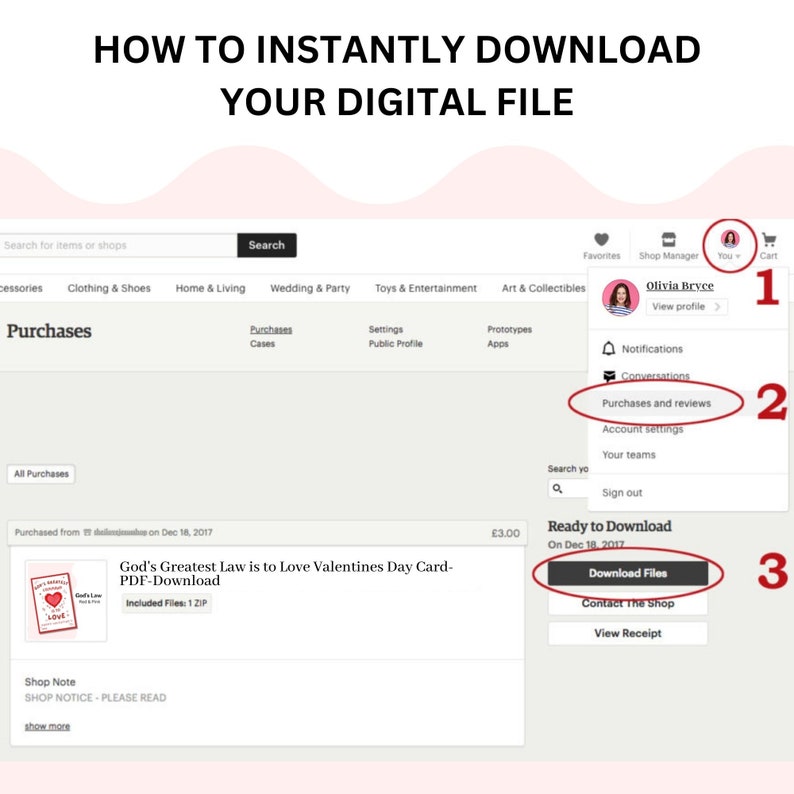 Op de afbeelding: Schermafbeelding van een computerscherm met een website met een aankoopbevestiging voor een digitale download van een Valentijnskaart. De kaart heeft de titel "God's Greatest Law is to Love Valentines Day Card-PDF-Download". De downloadknop is rood gemarkeerd.
