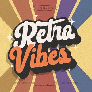 May include: Retro Vibes font graphic with a white background and a black outline. The text is in a retro style with a colorful background of red, orange, yellow, purple, and blue.