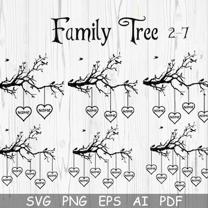 Arbre généalogique Svg, Bundle 2-7 membres arbre généalogique, branche Svg, arbre généalogique coeur Svg, Svg famille, arbre de vie, fichier couper pour Cricut