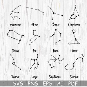 Astrologie SVG, dierenriem sterrenbeeld SVG-bundel, horoscoop Svg Cricut-bestanden, sterrenbeelden PNG-clipart, ruimte Svg, Taurus Aries Weegschaal Svg