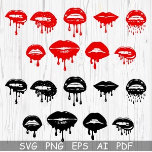 May include: A set of 14 digital cut files featuring dripping lips in both red and black. The lips are styled with a glossy finish and dripping with a liquid effect. These files are perfect for crafting projects, such as t-shirts, mugs, and stickers.
