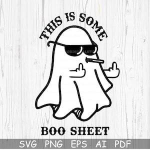 Op de afbeelding: Een zwart-witte illustratie van een geest die een zonnebril draagt en de middelvinger opsteekt. De tekst "This is some boo sheet" staat boven de geest.