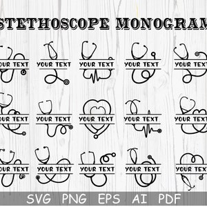 聴診器バンドル SVG、聴診器モノグラム SVG、ハート聴診器 SVG、看護師 SVG、医師 SVG、聴診器名 SVG、Cricut デジタル ダウンロード
