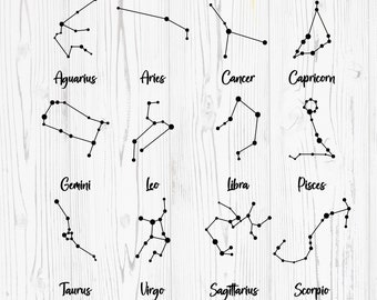 May include: A set of 12 black and white constellation illustrations, each representing a different zodiac sign. The signs are: Aquarius, Aries, Cancer, Capricorn, Gemini, Leo, Libra, Pisces, Taurus, Virgo, Sagittarius, and Scorpio. The illustrations are on a white wood background.