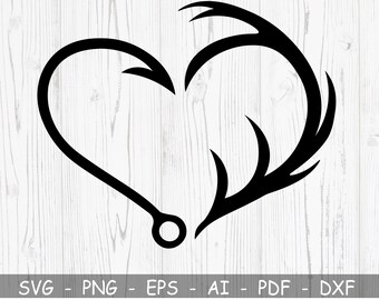 Jagd-Svg, Angeln-Svg, Fischhaken-Svg, Geweih Svg, Herz Svg, Papa Svg, Svg-Dateien für Cricut, Fischhaken & Horn Svg, Silhouette-Dateien