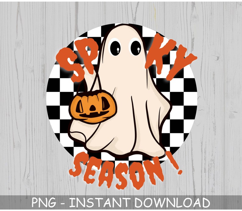 May include: A white ghost with a friendly face holding a small orange pumpkin with a jack-o'-lantern face. The ghost is on a black and white checkered background with the text "Spooky Season!" in orange.