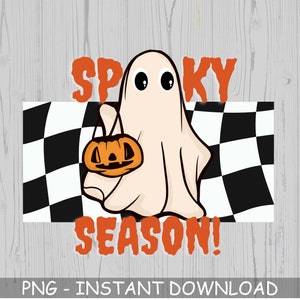 May include: A white ghost holding a small orange jack-o'-lantern with a black checkered background and the text "Spooky Season!" in orange.