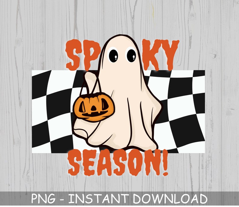 May include: A white ghost holding a small orange jack-o'-lantern with a black checkered background and the text "Spooky Season!" in orange.