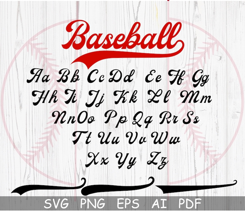 Pu&ograve; includere: Lettere dell'alfabeto a tema baseball in un font corsivo nero su uno sfondo di legno bianco. La parola "Baseball" &egrave; in font corsivo rosso con un sottolineatura rossa. Le lettere sono disposte in ordine alfabetico. L'immagine include anche il testo "SVG PNG EPS AI PDF".