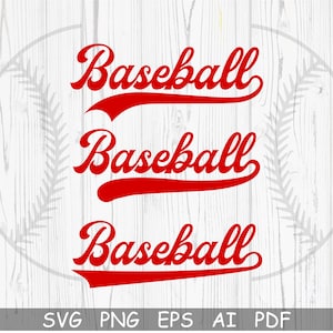 Pu&ograve; includere: Tre design di parole di baseball rosse con un carattere curvo, angolato e inclinato. La parola "Baseball" viene ripetuta tre volte.