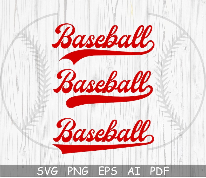Pu&ograve; includere: Tre design di parole di baseball rosse con un carattere curvo, angolato e inclinato. La parola "Baseball" viene ripetuta tre volte.