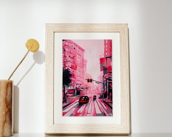 Pink Pulse, Vibrant Original Acrylic Painting, landscape of metropolis, Urban landscape, cityscape, Contemporary art, pink art for interior