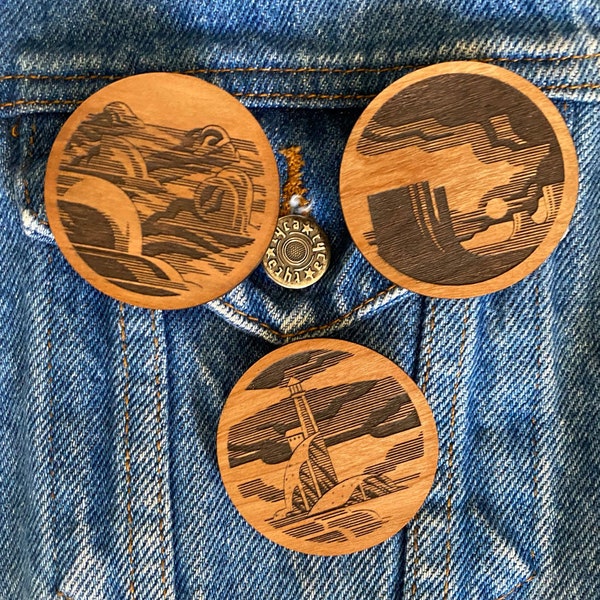 Carved wooden landscape pins, lighthouse, desert, mesa, clouds, cottagecore accessory, dark academia