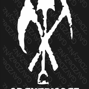 May include: Black and white logo for the band Gravediggaz. The logo features a stylised skull and crossbones design.
