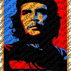 以下が含まれることがあります： 赤、青、黄色の背景に、チェ・ゲバラの白黒の肖像画。背景には「GAVZDeZyNz」というテキストが書かれている。画像の下部には大きな青い文字で「CHE」というテキストが書かれている。