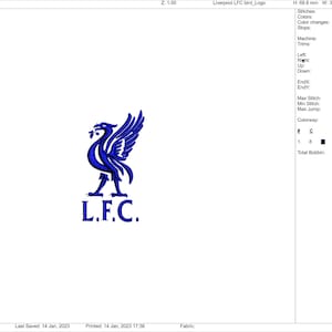 Può includere: Un ricamo blu del logo del Liverpool Football Club, che presenta un uccello con una cresta e le lettere "L.F.C."
