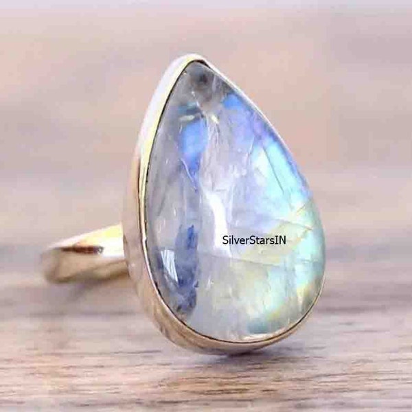 White Rainbow Silver Ring, Pear Shape Ring, Boho Ring, Statement Ring, Unique Ring, Rainbow Gemstone Jewelry, 925 Sterling Ring,