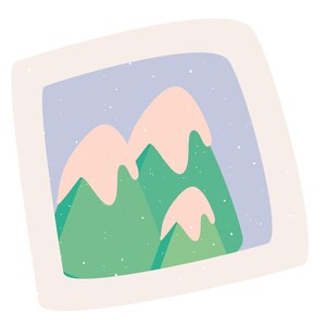 Peut inclure: Illustration encadrée de trois montagnes vertes aux sommets enneigés roses sur fond de ciel bleu clair. Le cadre est blanc doux avec un aspect légèrement texturé. De petits points blancs suggèrent la neige qui tombe.
