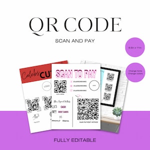 May include: A printable QR code template for businesses. The template includes a scan to pay section with a QR code and a list of payment methods, including cash, debit cards, Afterpay, and Klarna. The template is fully editable and can be customized with different fonts and colors. The template is 8.5 inches by 11 inches.