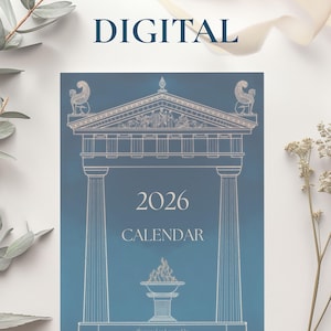 Digital nedladdning 2026 grekiska gudar väggkalender: Månatliga affirmationer och konsttryck