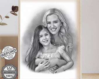 May include: Black and white pencil drawing of a mother and daughter. The mother is holding the daughter in her arms. The daughter is smiling and looking at the camera. The mother is looking at the daughter. The drawing is on a white background.