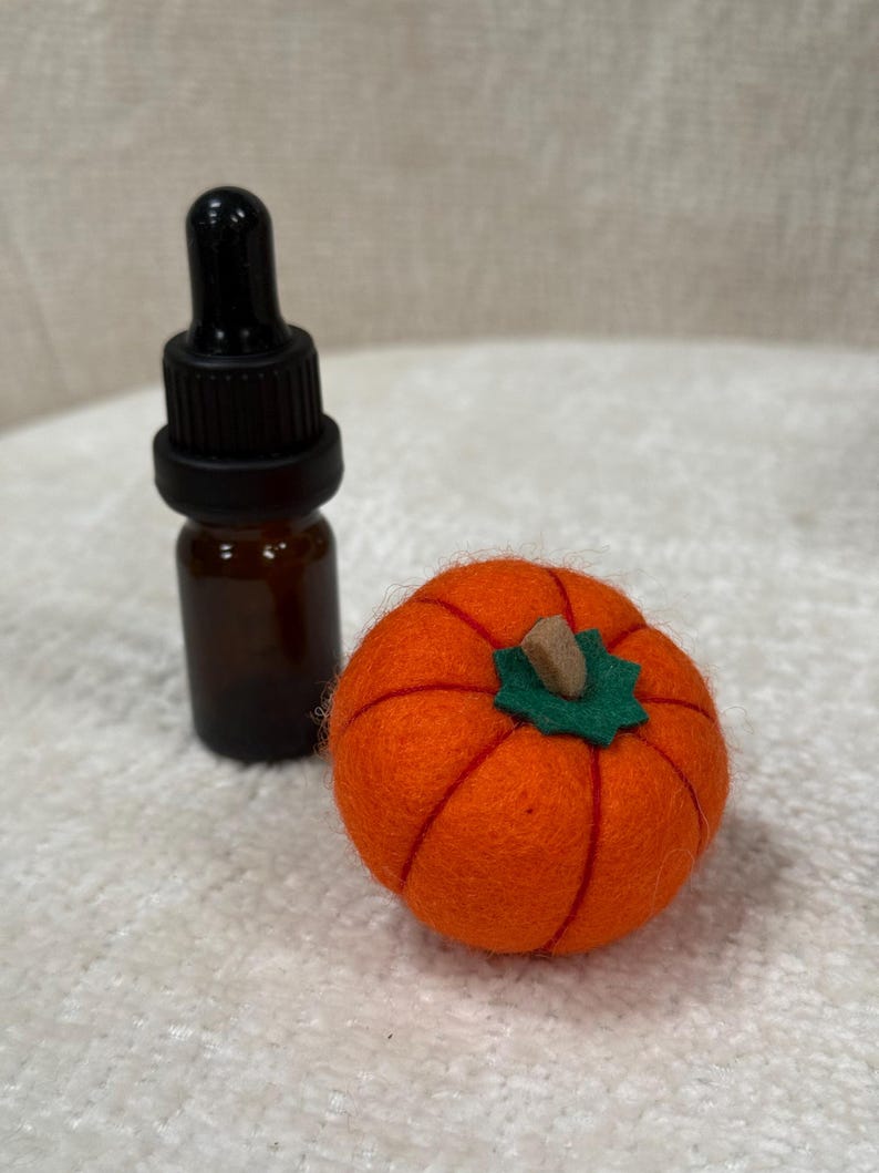 K&ouml;nnte beinhalten: Ein kleiner, runder, orangefarbener, nadelgefilzter K&uuml;rbis mit einem gr&uuml;nen Filzblatt und einem braunen Stiel, neben einer kleinen braunen Glastropfflasche mit schwarzem Verschluss. Der K&uuml;rbis hat sichtbare Segmente und eine weiche Textur.
