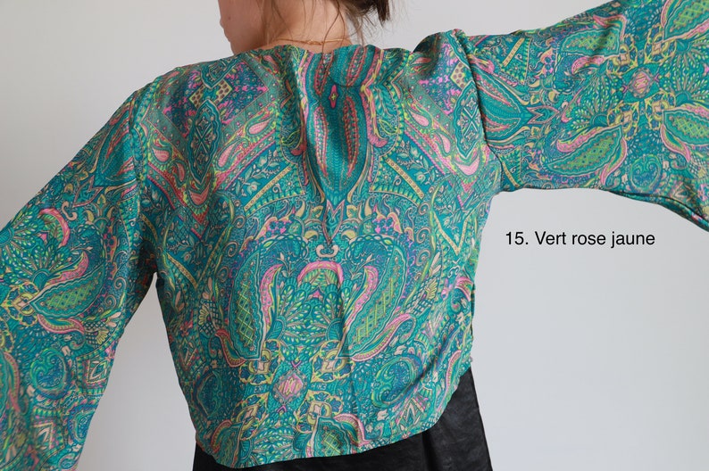 Chemisier soie / Top cache coeur bohème / Blouse hippie / Indian Style / Chemisier boho / Tenue festival / Bolero 15. Vert rose jaune