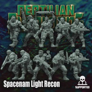 May include: A group of gray miniature figures of soldiers in combat poses. The figures are labeled "Reptilian Raiders" and "Spacenam Light Recon". The image includes a skull and crossbones logo and the word "Supported".