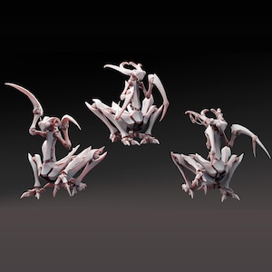May include: Three white and pink insect-like sculptures with sharp, angular features. Each sculpture has multiple legs and a detailed, segmented body. The sculptures are set against a dark background, highlighting their intricate design and form.