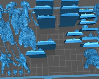 May include: A collection of blue miniature figurines, including bears, warriors with swords, and terrain pieces. The figures are arranged on a gray grid, suggesting a tabletop game or diorama setup. The bears have a textured, furry appearance.