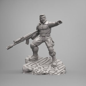 Peut inclure: Une figurine en plastique grise d'un soldat tenant un fusil, debout sur une base en béton brisée.