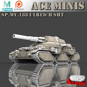 May include: A detailed 3D model of a military tank, the SP.MV.188 Ulreich SHT, in a light gray color. The tank has a long cannon and a boxy design. The model is from Ace Minis.