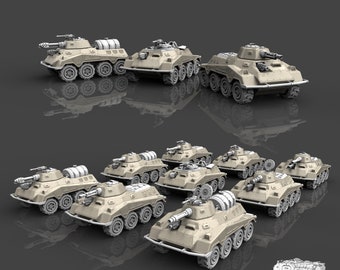 May include: A set of 10 gray plastic model kits of SP.MV.234 armored vehicles. The vehicles are in various positions and have detailed features, including guns, wheels, and tracks. The kits are labeled "SP.MV.234 APC AFV SPM" and "ACE MINIS".
