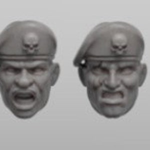 May include: Seven gray plastic miniature heads with different facial expressions, each wearing a beret with a skull and crossbones emblem.