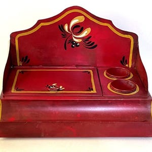 Vintage Toleware Desk Top Organizer Tray Red Tole Hand Painted Folk Art