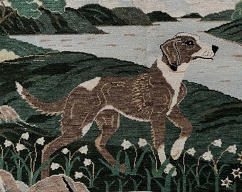Vintage Needlepoint Hunting Dog 30" x 23" Rug Tapestry Panel
