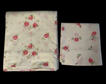 Vintage Cannon Monticello volledig plat laken en kussensloop roze rozen stippen