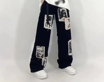 Grunge Punk Patchwork Black Jeans Women Hip Hop Streetwear Print Oversized Wide Leg Trousers 90s Vintage Fashion Trousers